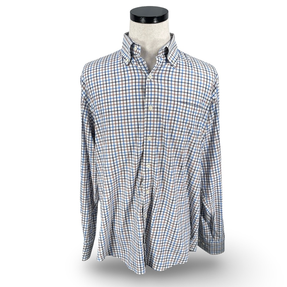 Peter Millar Mens Large Plaid Performance Button Down Shirt Blue Brown White